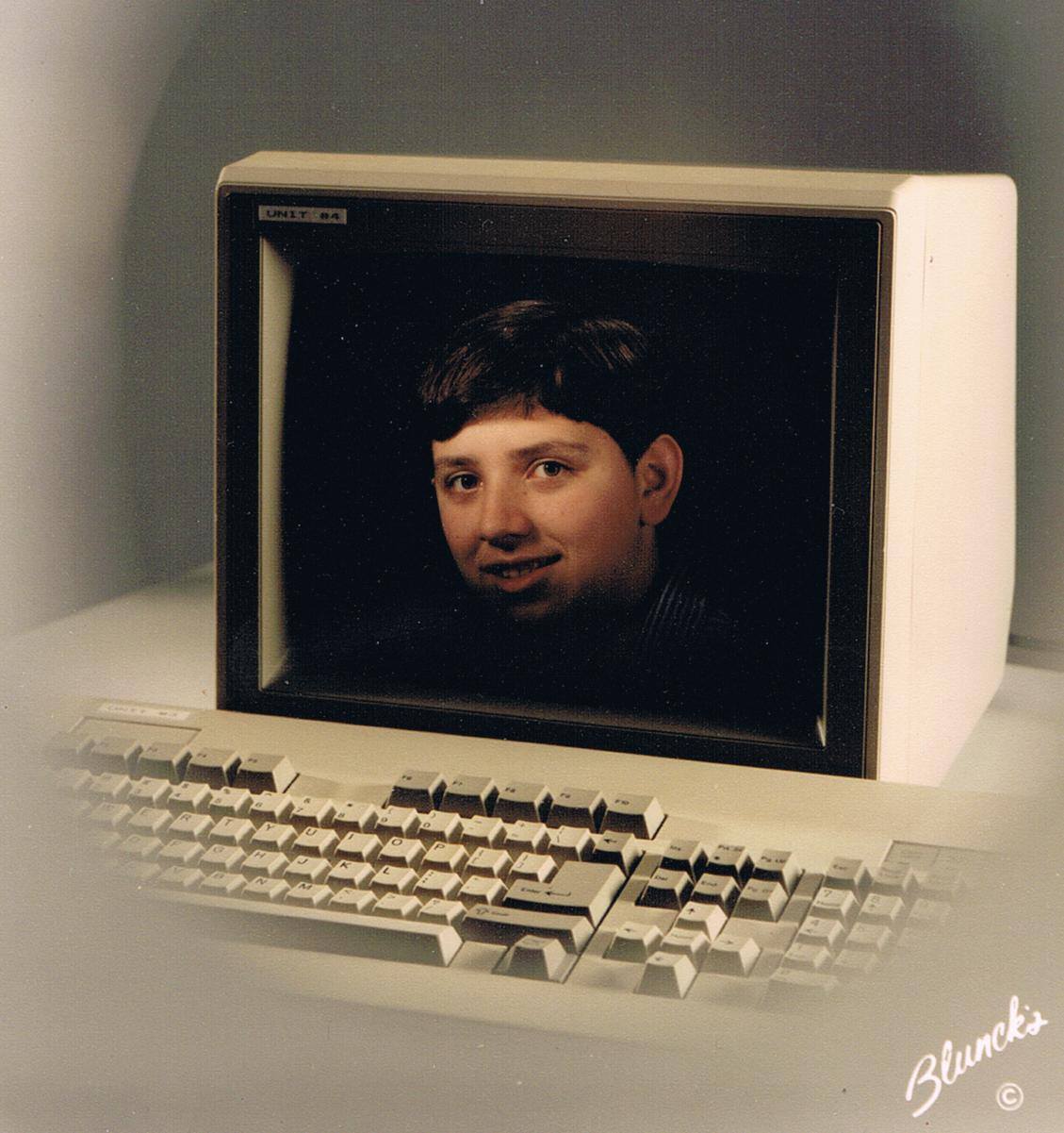 This is a studio photograph from the early 90s where they optically superimposed my face onto a computer monitor because I was always addicted to computers.
